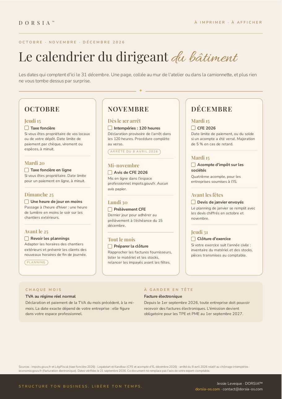 Aperçu du calendrier du dirigeant du bâtiment, France, octobre à décembre 2026